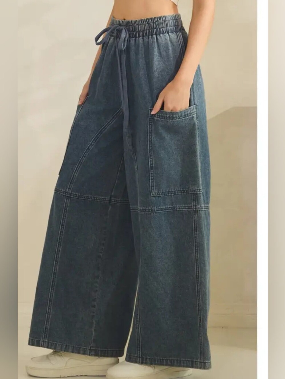Wide-Leg Drawstring Denim Pants in Washed Blue - Picture 3 of 6